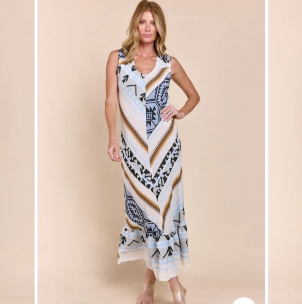 Sophia Made in Italy Chic Blue, Brown & White Midi Dress, Fits 2-8, Stretchy
